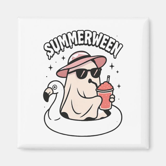 Funny Summerween Ghost Pink Floating In Flamingo C Magnet (Front)