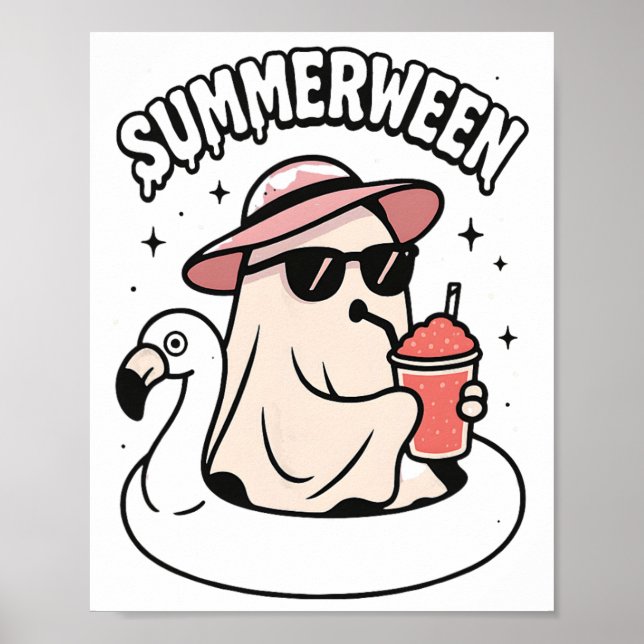 Funny Summerween Ghost Pink Floating In Flamingo C Poster (Front)
