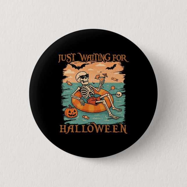 Funny Summerween Skeleton Floating In Flamingo Cut Button (Front)