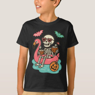 Funny Summerween Skeleton Floating In Flamingo Cut T-Shirt