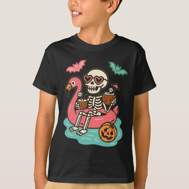 Funny Summerween Skeleton Floating In Flamingo Cut T-Shirt (Front)