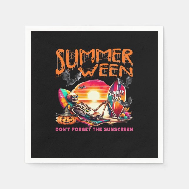 Funny Summerween Skeleton On Beach At Sunset Class Napkins (Front)