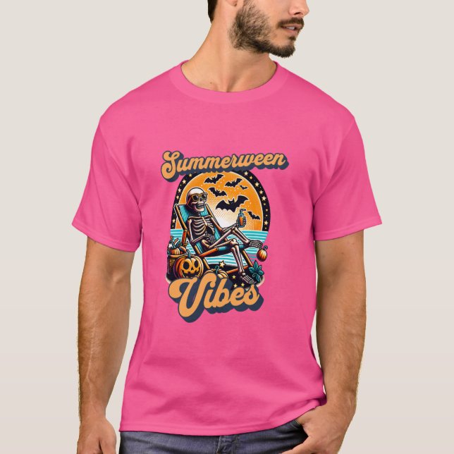 Funny Summerween Vibes Summer Skeleton Beach Chill T-Shirt (Front)