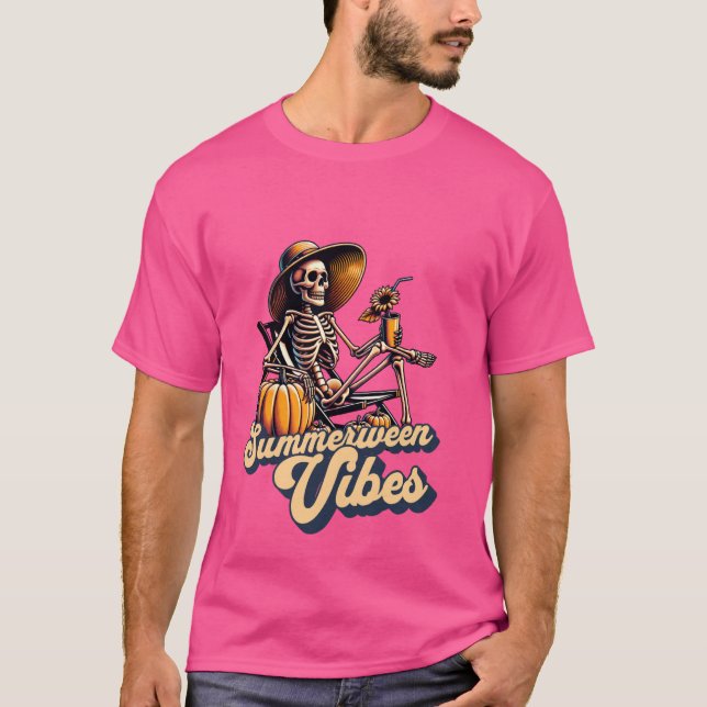 Funny Summerween Vibes Summer Skeleton Beach Chill T-Shirt (Front)