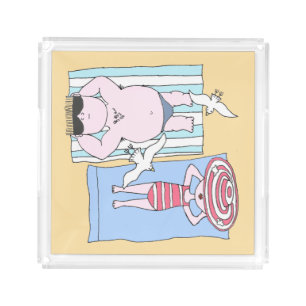 Funny Sunbathers at Beach Hand Drawn Art Acrylic Tray