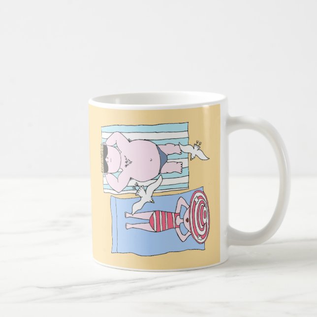 Funny Sunbathers at Beach Hand Drawn Art Coffee Mug (Right)