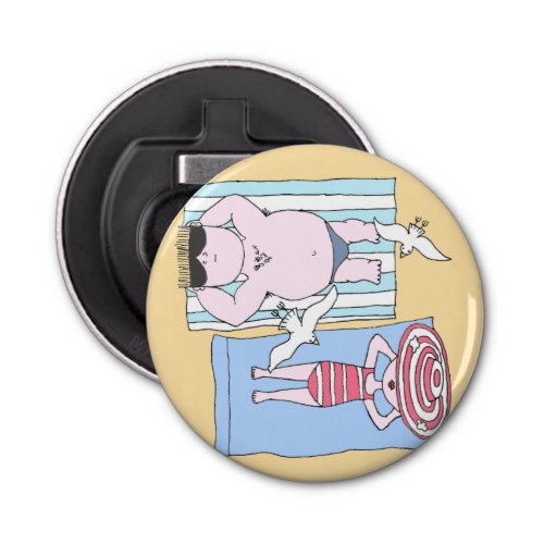 Funny Sunbathing Couple Cartoon Seaside Art Bottle Opener