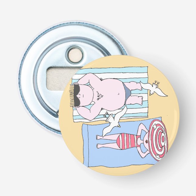 Funny Sunbathing Couple Cartoon Seaside Art Bottle Opener (Front)