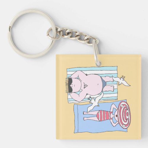 Funny Sunbathing Couple Cartoon Seaside Art Keychain