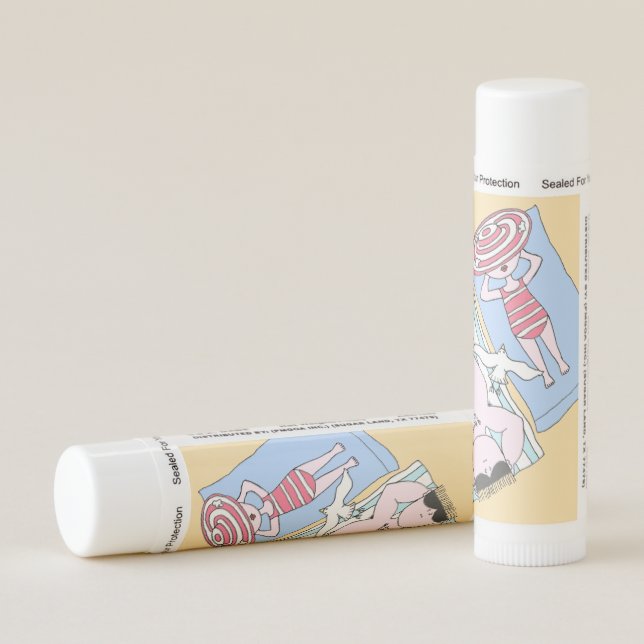 Funny Sunbathing Couple Cartoon Seaside Art Lip Balm (Rotated Right)