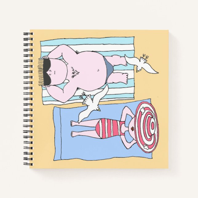 Funny Sunbathing Couple Cartoon Seaside Art Notebook (Front)