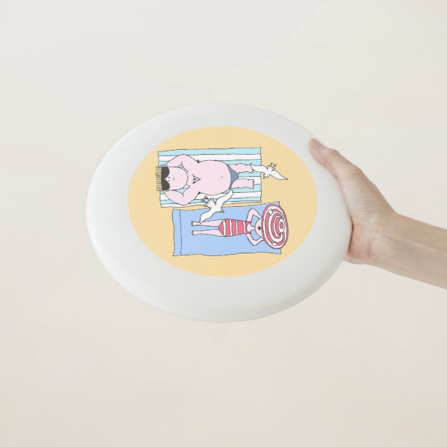 Funny Sunbathing Couple Cartoon Seaside Art Wham-O Frisbee (In Hand)