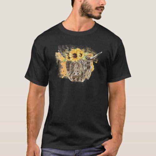 Funny Sunflower Highland Cow Bandana Heifer Wester T_Shirt