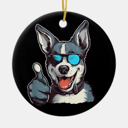 Funny sunglasses dog with thumbs up ceramic ornament