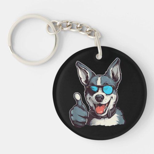 Funny sunglasses dog with thumbs up keychain