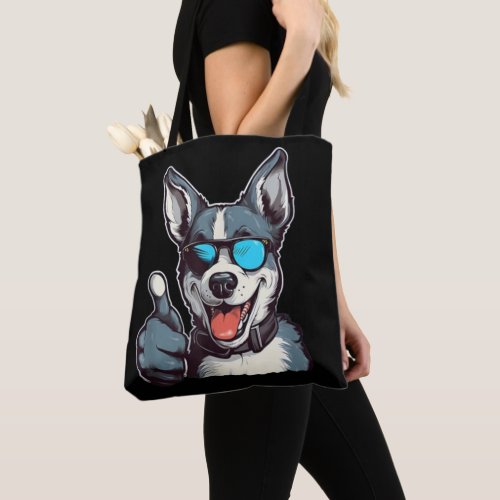 Funny sunglasses dog with thumbs up tote bag