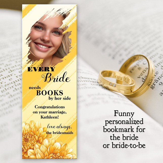 Funny Sunny Bride Photo Bookmarks (Bridal bookmark featuring your custom photo on a sunny yellow painted striped design with flowers)