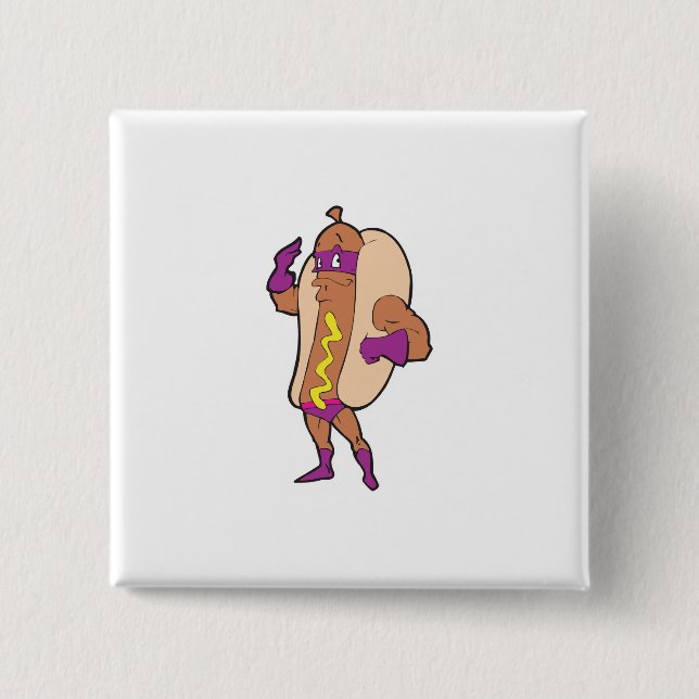 funny super hero hot dog character button (Front)