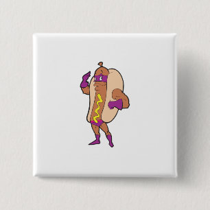 funny super hero hot dog character button