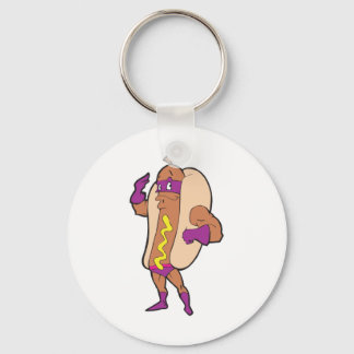 funny super hero hot dog character keychain