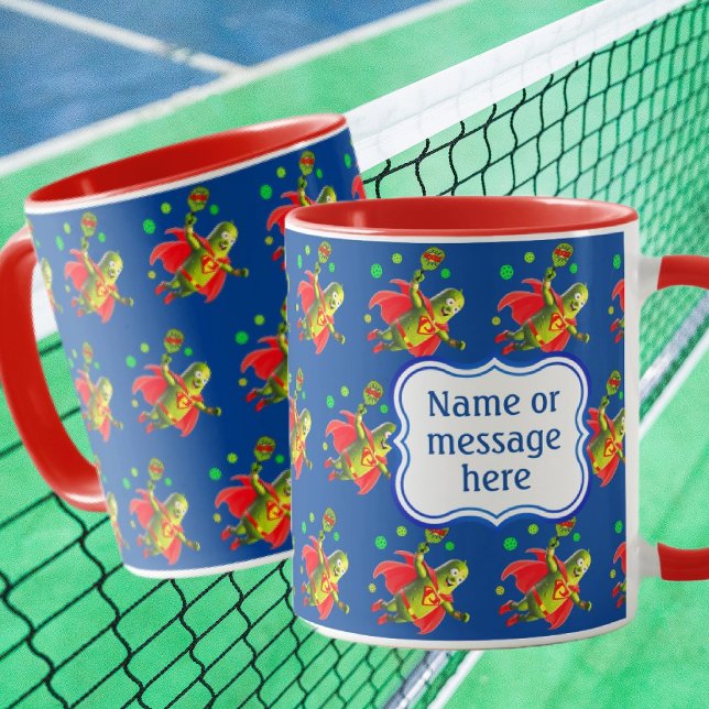 Funny Super Pickleman on Blue Personalized Mug (Super Pickle People fly around this cute funny mug, personalize with name or message!)