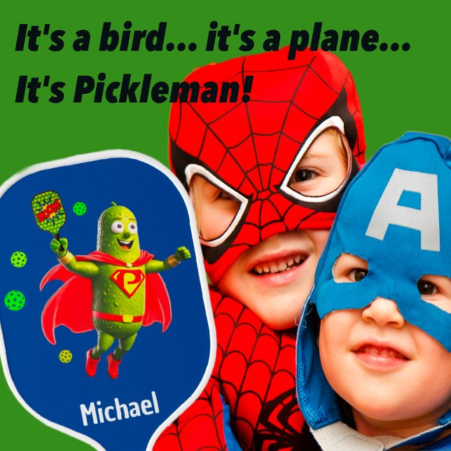 Funny Super Pickleman on Blue Personalized Pickleball Paddle (It's Super Pickleman! Fun and Humorous Design for all ages, especially our younger players!)