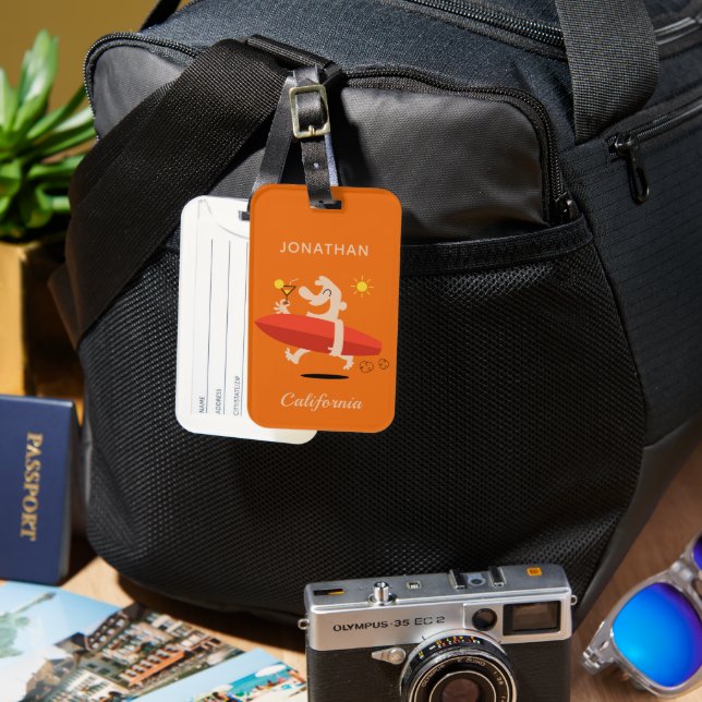 Funny Surfer custom name & location Luggage Tag (Front & Back)