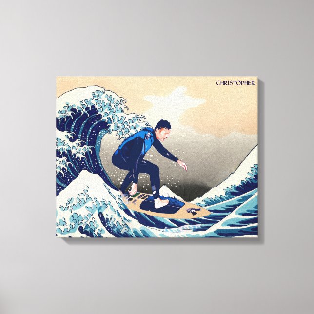 Funny Surfer Surfing On The Hokusai Great Wave Canvas Print (Front)