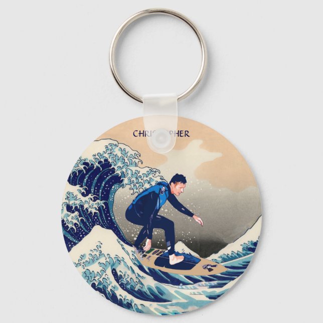 Funny Surfer Surfing On The Hokusai Great Wave Keychain (Front)