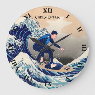 Funny Surfer Surfing On The Hokusai Great Wave Large Clock