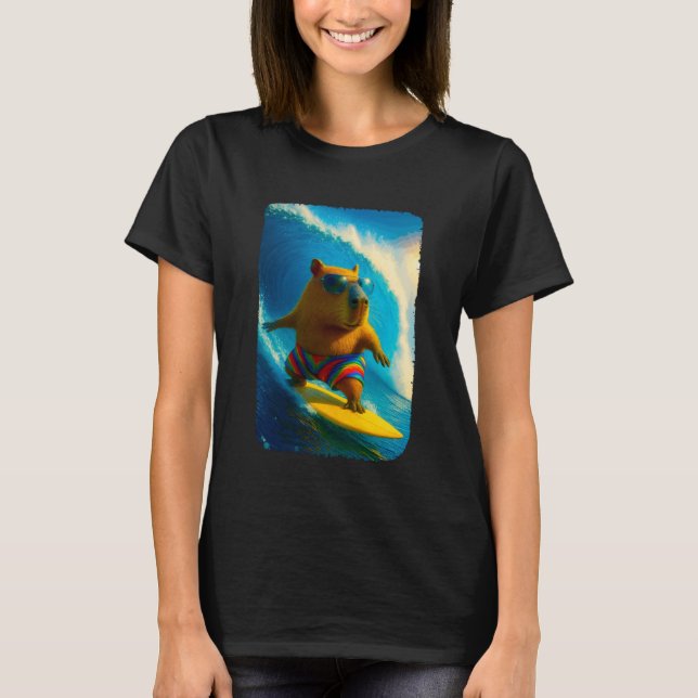 Funny Surfing Capybara in Rainbow Shorts T-Shirt (Front)