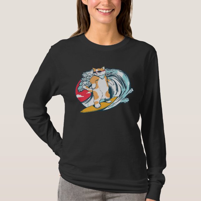 Funny Surfing Cat Kitty Surfer Surfboard T-Shirt (Front)