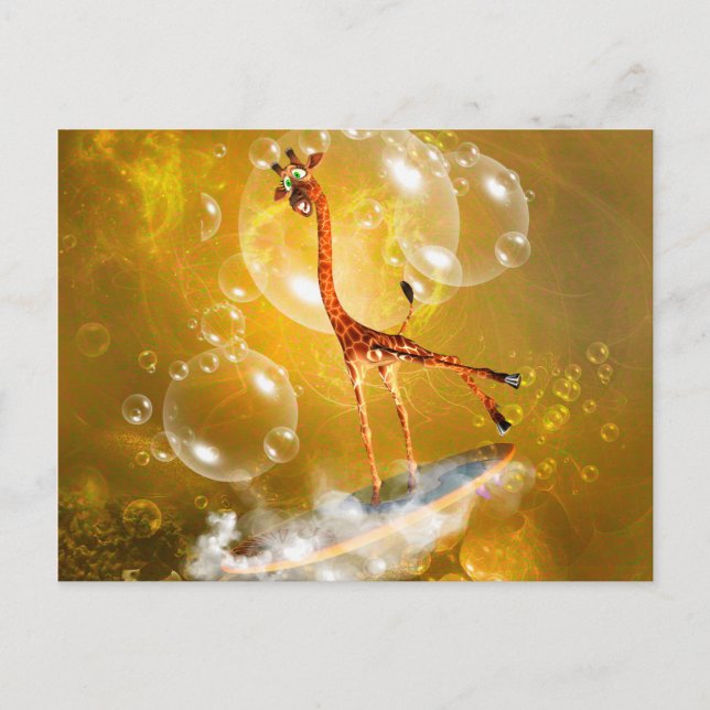 Funny surfing giraffe with wave and bubbles postcard (Front)