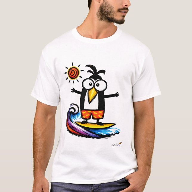 Funny Surfing Penguin Cartoon T-Shirt (Front)