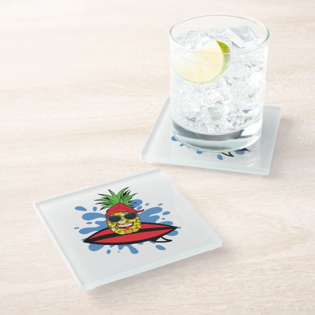 Funny Surfing Pineapple Glass Coaster (Angled)