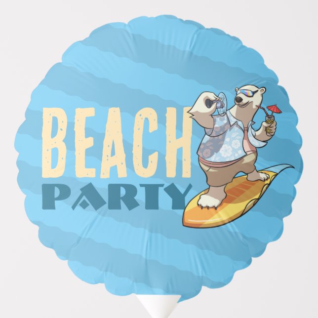 Funny Surfing Polar Bear Beach Party Cartoon Balloon (Front)