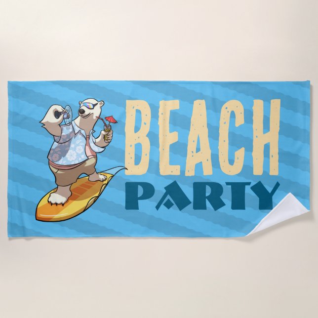 Funny Surfing Polar Bear Beach Party Cartoon Beach Towel (Front)