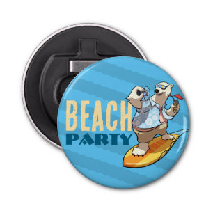Funny Surfing Polar Bear Beach Party Cartoon Bottle Opener