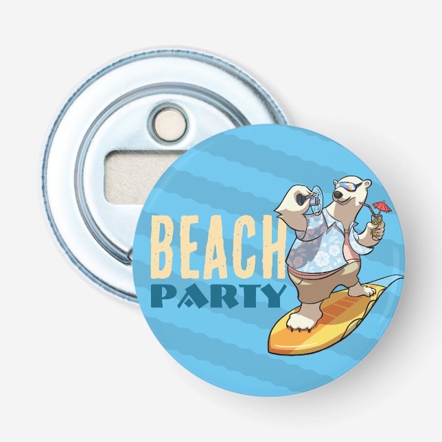 Funny Surfing Polar Bear Beach Party Cartoon Bottle Opener (Front)