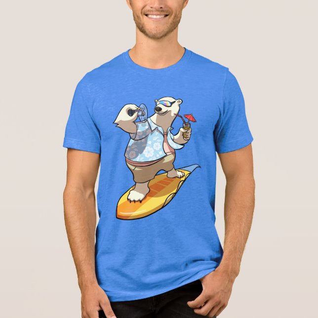 Funny Surfing Polar Bear Cocktail & Fan Cartoon Tri-Blend Shirt (Front)