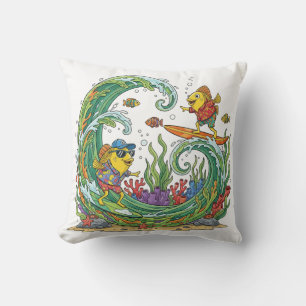 Funny Surfing Yellow Fish Tropical Beach Party Shi Throw Pillow