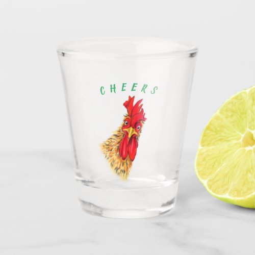 Funny Surprised Curious Rooster _ Cheers Shot Glass