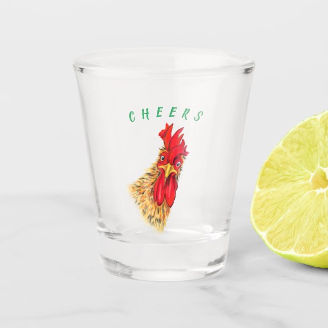 Funny Surprised Curious Rooster - Cheers Shot Glass (Front)