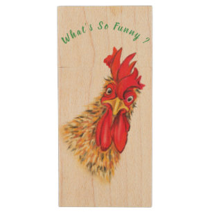 Funny Surprised Curious Rooster - What's So Funny  Wood Flash Drive