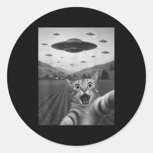 Funny Surprised Ed Cat Selfie With Alien Ufo Cat U Classic Round Sticker