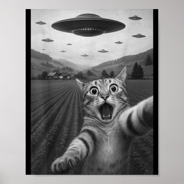 Funny Surprised Ed Cat Selfie With Alien Ufo Cat U Poster (Front)