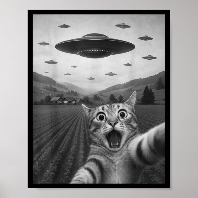 Funny Surprised Ed Cat Selfie With Alien Ufo Cat U Poster (Front)