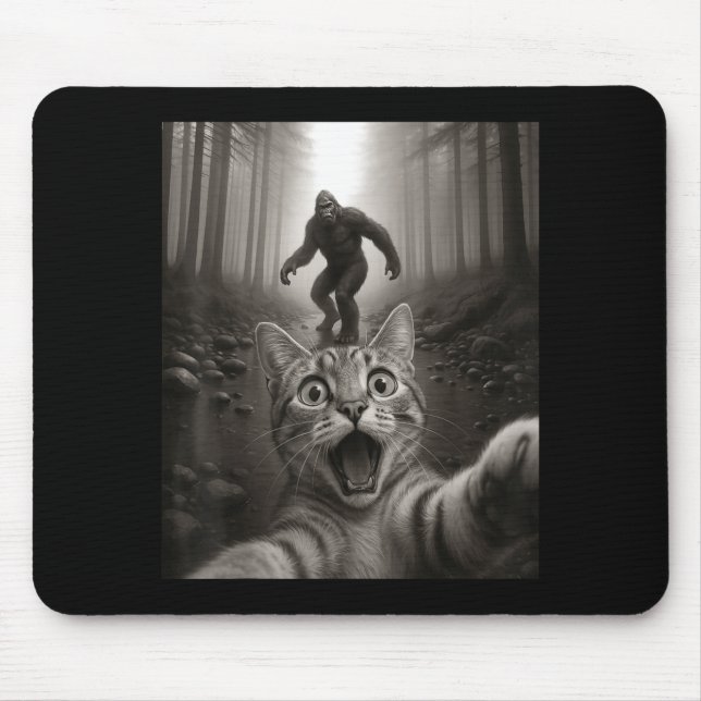 Funny Surprised Ed Cat Selfie With Bigfoot Sasquat Mouse Pad (Front)