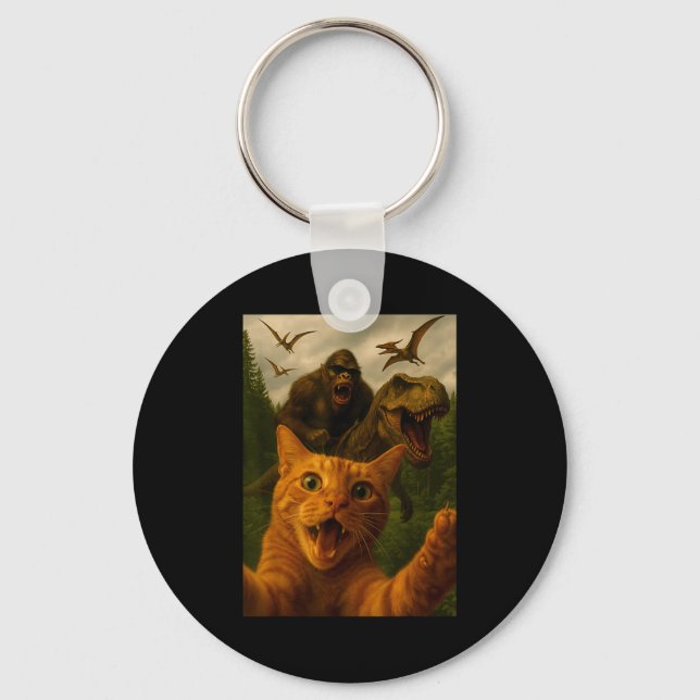 Funny Surprised Ed Cat Selfie With Bigfoot T-rex  Keychain (Front)