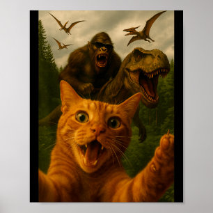 Funny Surprised Ed Cat Selfie With Bigfoot T-rex Poster